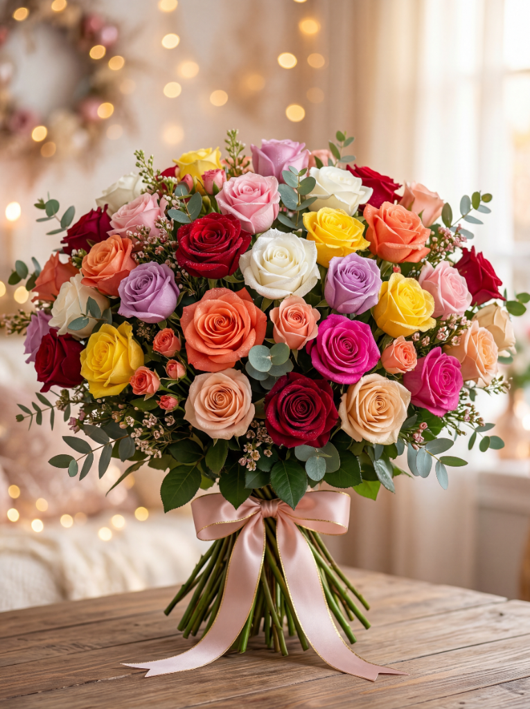 Bó hoa hồng nhiều sắc ở phần quà bất ngờ cuối trang