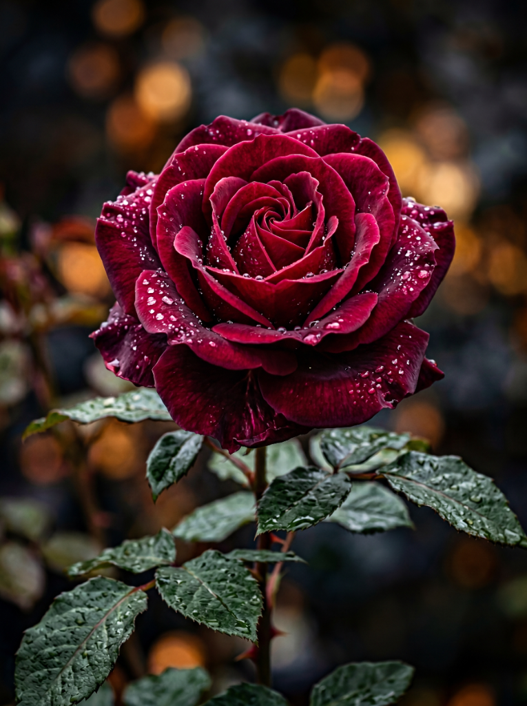Hoa hồng đỏ burgundy với giọt sương nghệ thuật