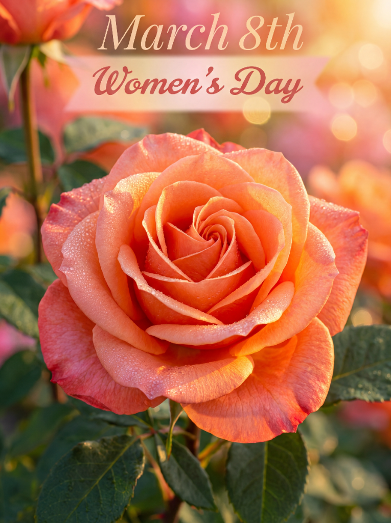 Hoa hồng cam san hô với dòng chữ March 8th Women's Day