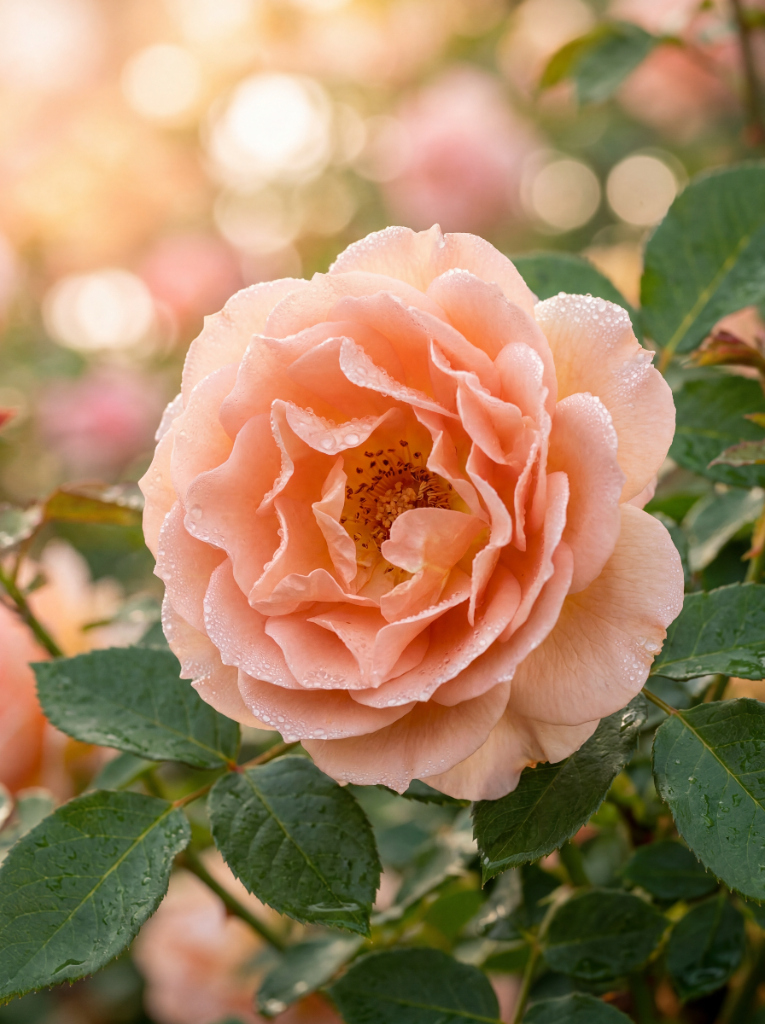 Hoa hồng peach nở mềm trong khu vườn sáng sớm