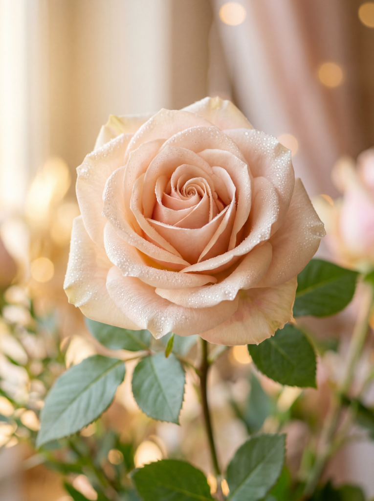 Hoa hồng phấn kem dịu dàng dưới ánh đèn bokeh