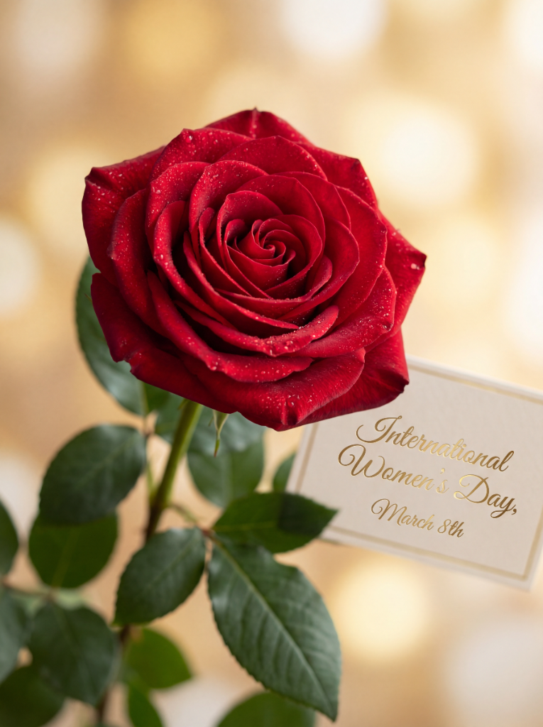Hoa hồng đỏ nhung với thiệp International Women's Day